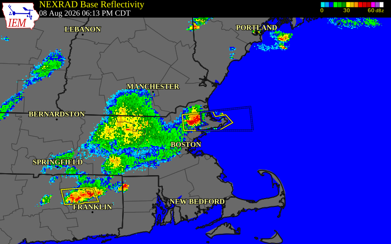 NEXRAD radar during the Saturday, August 8, 2026 storm activity in Essex County, Massachusetts