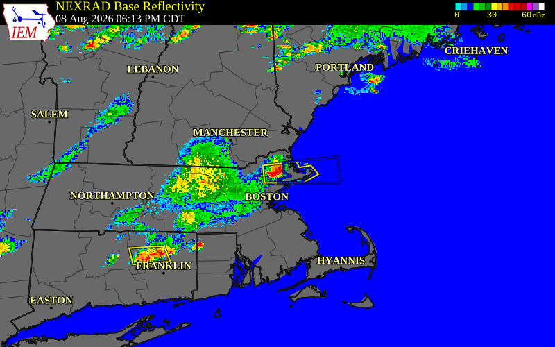 Radar snapshot during the Aug 8, 2026 wind event near Topsfield, Essex County, Massachusetts, with NWS warning polygons
