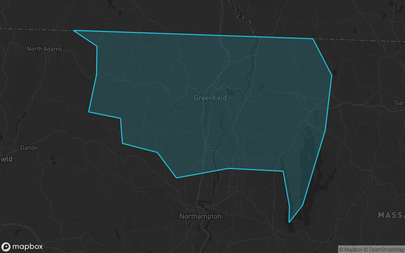 Map of Franklin County, Massachusetts showing the county boundary and surrounding cities