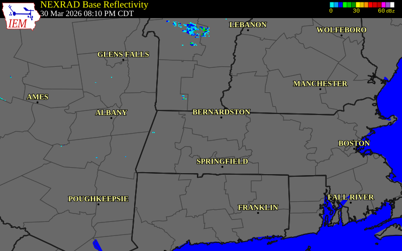 NEXRAD radar during the Monday, March 30, 2026 storm activity in Franklin County, Massachusetts