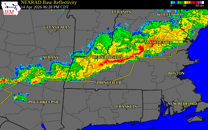 NEXRAD radar during the Tuesday, April 14, 2026 storm activity in Franklin County, Massachusetts