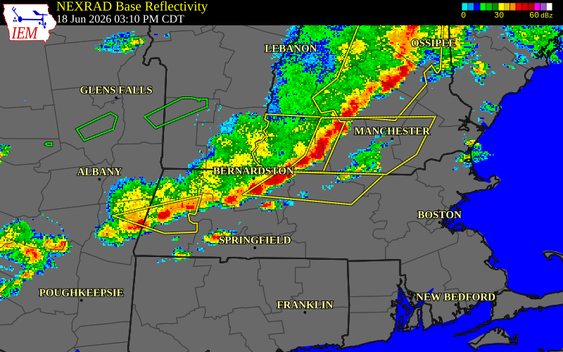 NEXRAD radar during the Thursday, June 18, 2026 storm activity in Franklin County, Massachusetts
