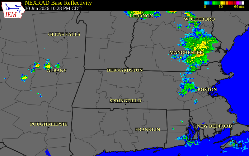 NEXRAD radar during the Tuesday, June 30, 2026 storm activity in Franklin County, Massachusetts