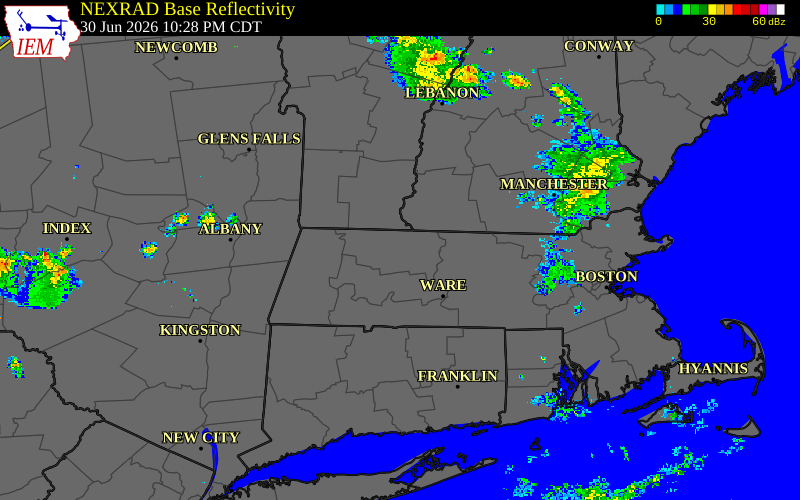 Radar snapshot during the Jun 30, 2026 wind event near 1 SSW Turners Falls, Franklin County, Massachusetts, with NWS warning polygons