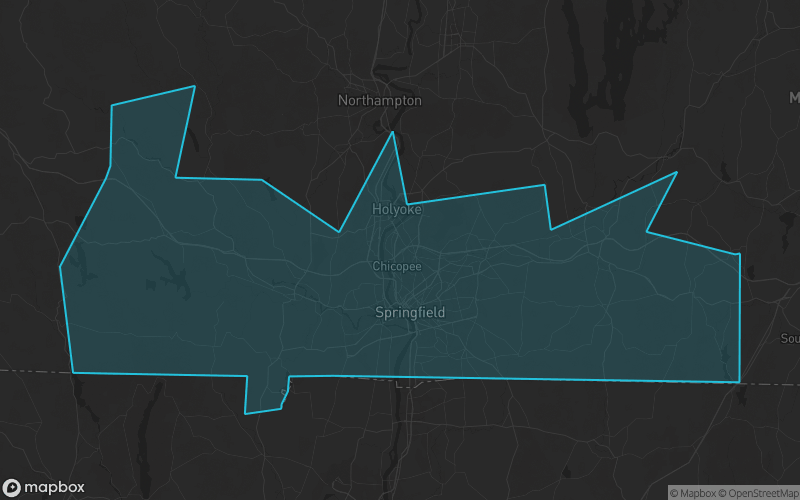 Map of Hampden County, Massachusetts showing the county boundary and surrounding cities