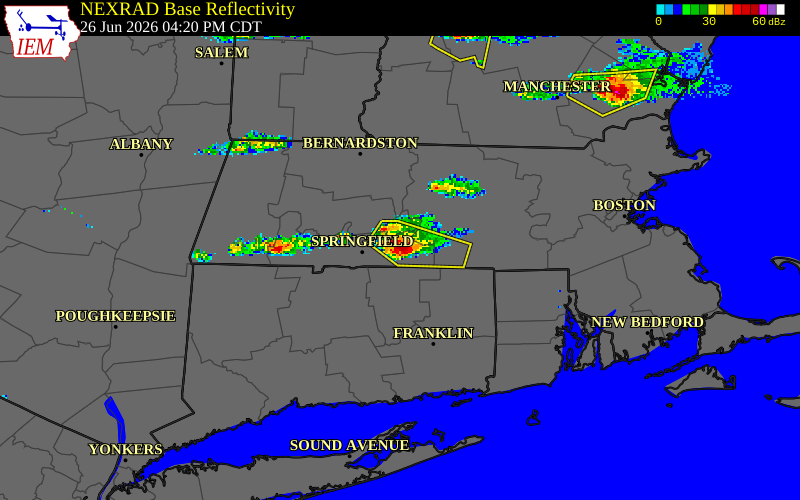 NEXRAD radar during the Friday, June 26, 2026 storm activity in Hampden County, Massachusetts