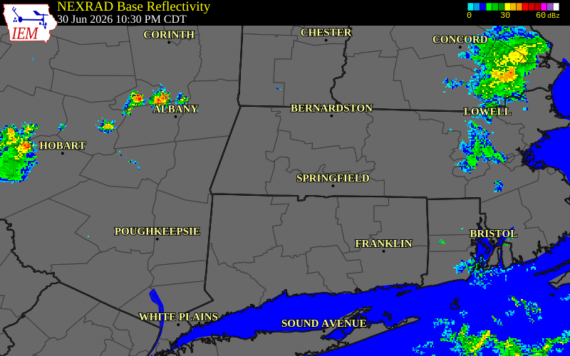 NEXRAD radar during the Tuesday, June 30, 2026 storm activity in Hampden County, Massachusetts