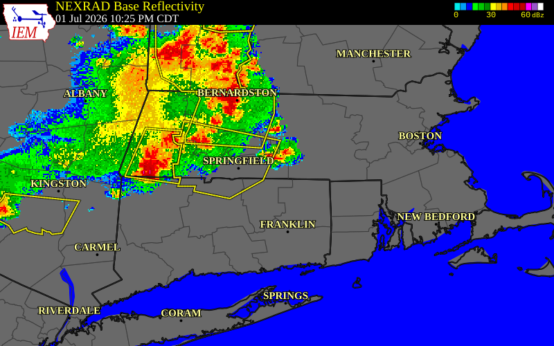 NEXRAD radar during the Wednesday, July 1, 2026 storm activity in Hampden County, Massachusetts