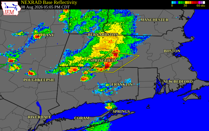 NEXRAD radar during the Saturday, August 8, 2026 storm activity in Hampden County, Massachusetts