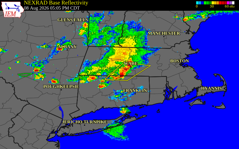 Radar snapshot during the Aug 8, 2026 wind event near East Longmeadow, Hampden County, Massachusetts, with NWS warning polygons