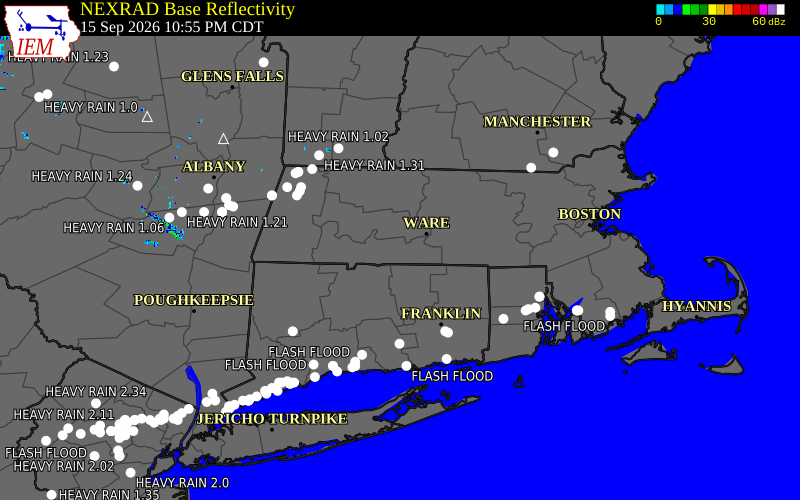 Current NEXRAD radar over Hampden County, Massachusetts with recent storm report locations