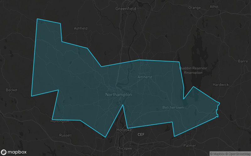 Map of Hampshire County, Massachusetts showing the county boundary and surrounding cities
