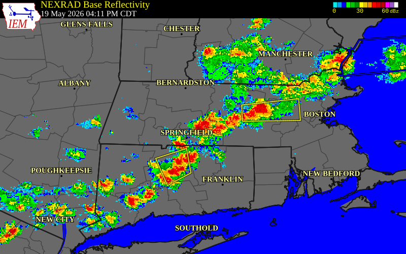 NEXRAD radar during the Tuesday, May 19, 2026 storm activity in Hampshire County, Massachusetts