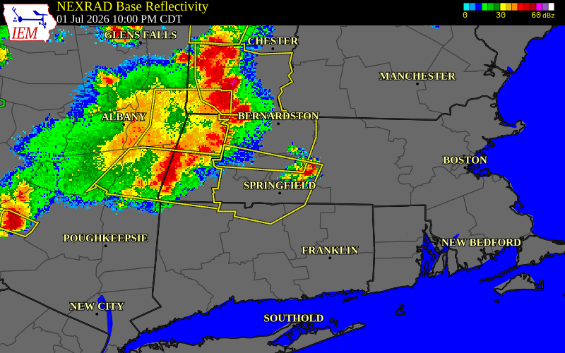 NEXRAD radar during the Wednesday, July 1, 2026 storm activity in Hampshire County, Massachusetts