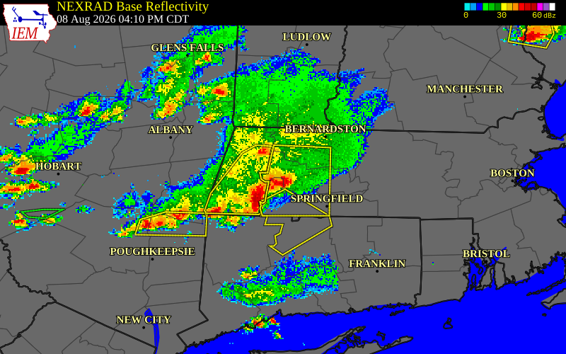 NEXRAD radar during the Saturday, August 8, 2026 storm activity in Hampshire County, Massachusetts