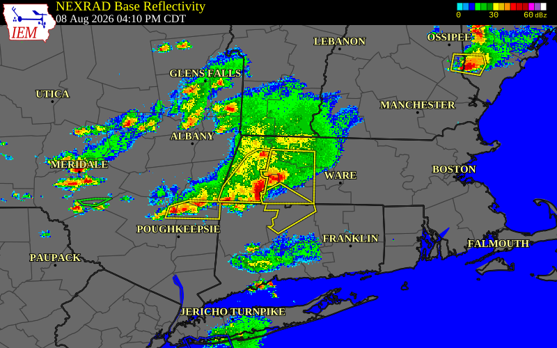 Radar snapshot during the Aug 8, 2026 wind event near 4 SSW Chesterfield, Hampshire County, Massachusetts, with NWS warning polygons