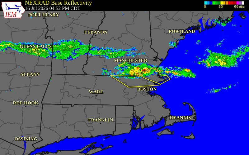 Radar snapshot during the Jul 16, 2026 wind event near Pepperell, Middlesex County, Massachusetts, with NWS warning polygons