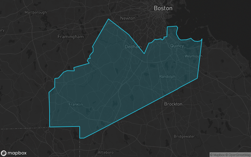 Map of Norfolk County, Massachusetts showing the county boundary and surrounding cities