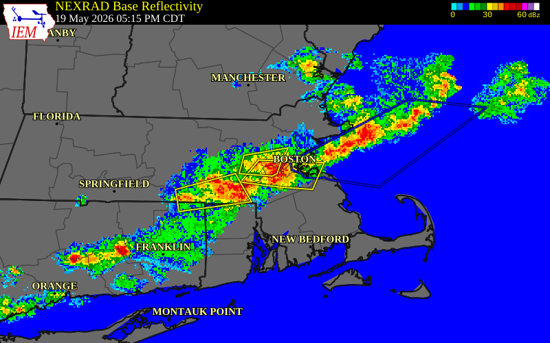 NEXRAD radar during the Tuesday, May 19, 2026 storm activity in Norfolk County, Massachusetts