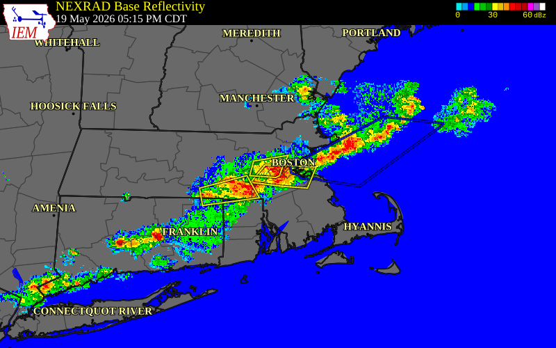 Radar snapshot during the May 19, 2026 wind event near Needham, Norfolk County, Massachusetts, with NWS warning polygons