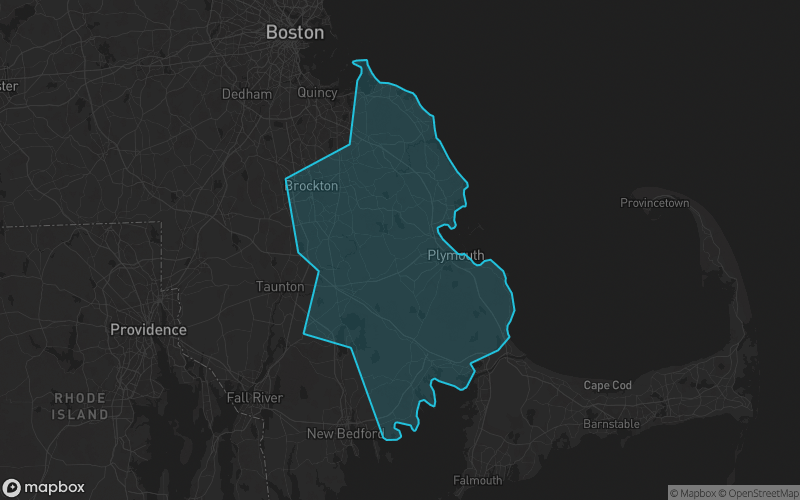 Map of Plymouth County, Massachusetts showing the county boundary and surrounding cities