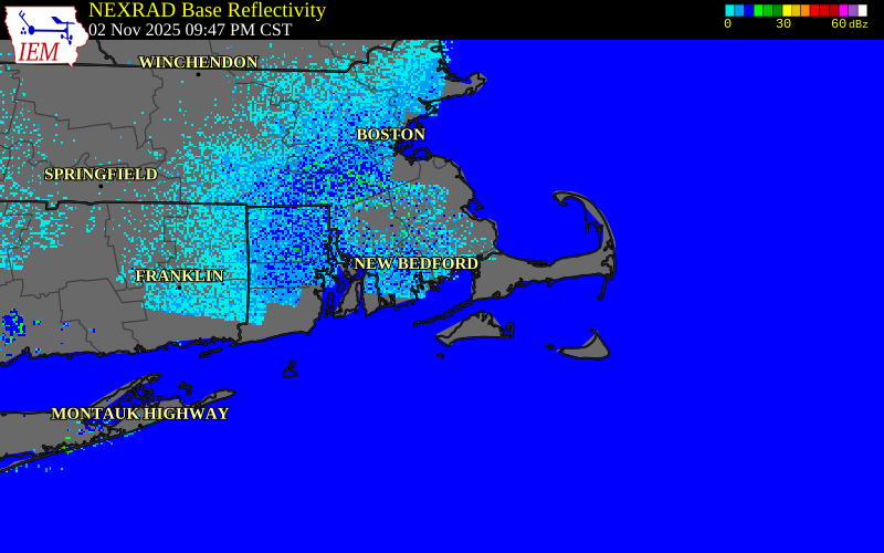 NEXRAD radar during the Sunday, November 2, 2025 storm activity in Plymouth County, Massachusetts