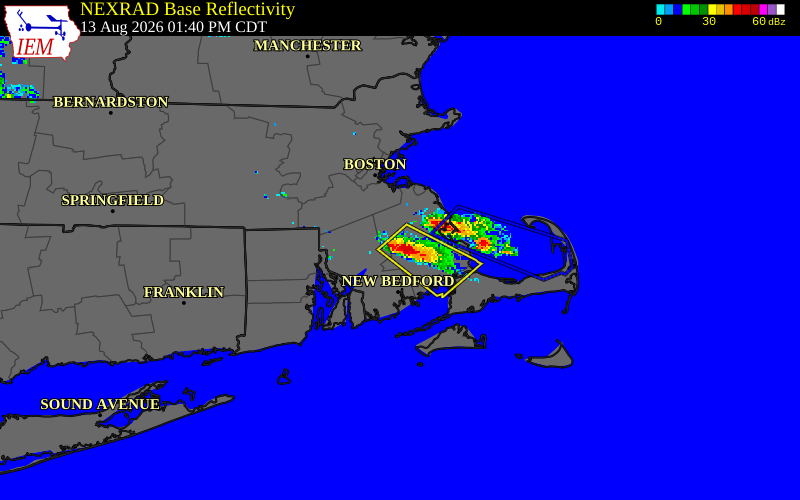 NEXRAD radar during the Thursday, August 13, 2026 storm activity in Plymouth County, Massachusetts