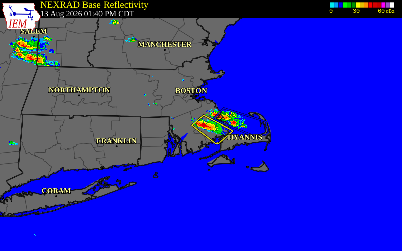 Radar snapshot during the Aug 13, 2026 wind event near Middleborough, Plymouth County, Massachusetts, with NWS warning polygons