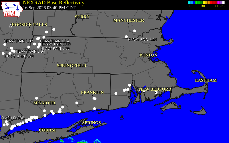 Current NEXRAD radar across Massachusetts with recent storm report locations