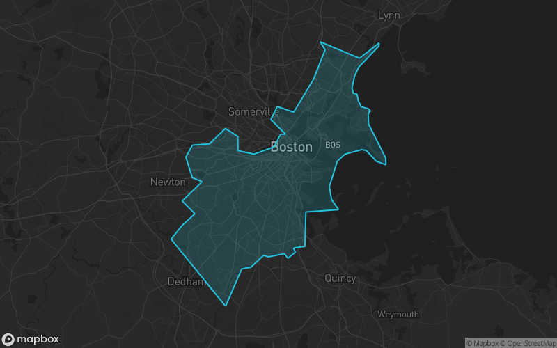 Map of Suffolk County, Massachusetts showing the county boundary and surrounding cities