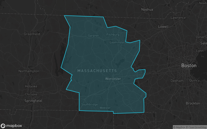 Map of Worcester County, Massachusetts showing the county boundary and surrounding cities