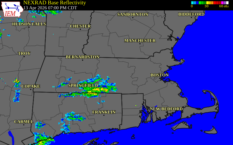NEXRAD radar during the Monday, April 13, 2026 storm activity in Worcester County, Massachusetts