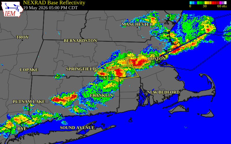 NEXRAD radar during the Tuesday, May 19, 2026 storm activity in Worcester County, Massachusetts