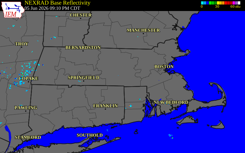 NEXRAD radar during the Friday, June 5, 2026 storm activity in Worcester County, Massachusetts