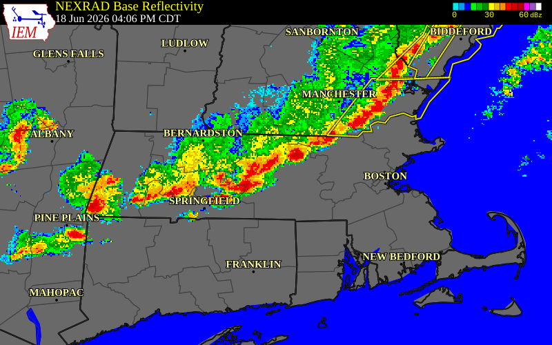 NEXRAD radar during the Thursday, June 18, 2026 storm activity in Worcester County, Massachusetts