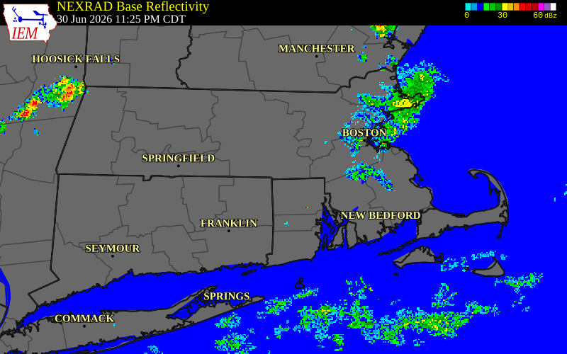 NEXRAD radar during the Wednesday, July 1, 2026 storm activity in Worcester County, Massachusetts