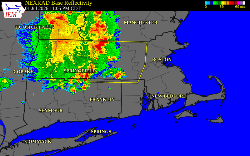 NEXRAD radar during the Thursday, July 2, 2026 storm activity in Worcester County, Massachusetts