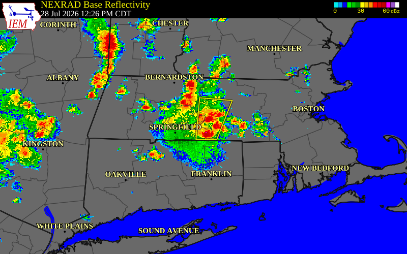 NEXRAD radar during the Tuesday, July 28, 2026 storm activity in Worcester County, Massachusetts
