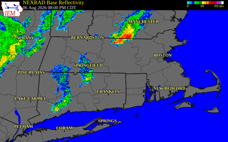 NEXRAD radar during the Thursday, August 6, 2026 storm activity in Worcester County, Massachusetts