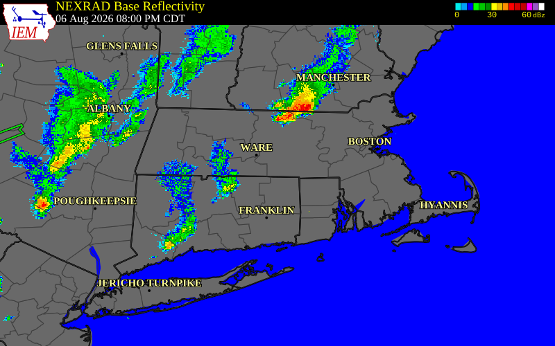 Radar snapshot during the Aug 6, 2026 wind event near 1 SSE Southbridge, Worcester County, Massachusetts, with NWS warning polygons