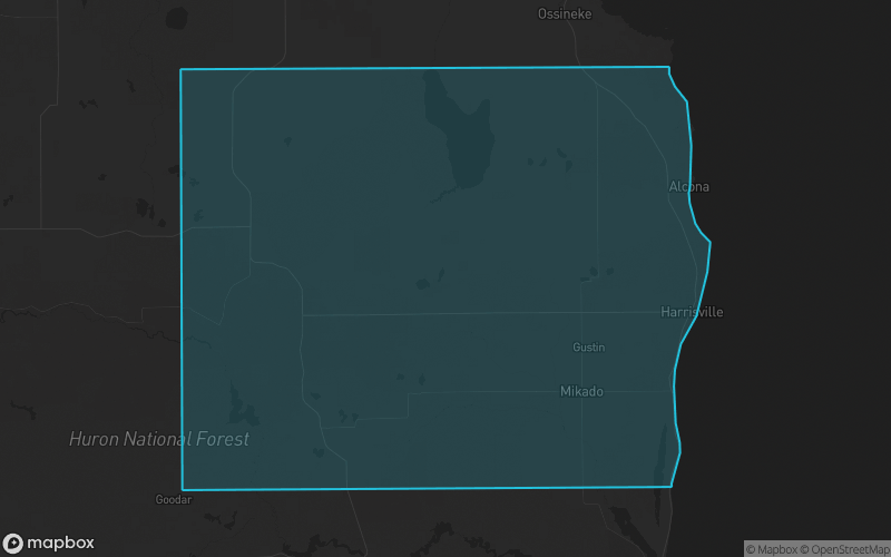 Map of Alcona County, Michigan showing the county boundary and surrounding cities