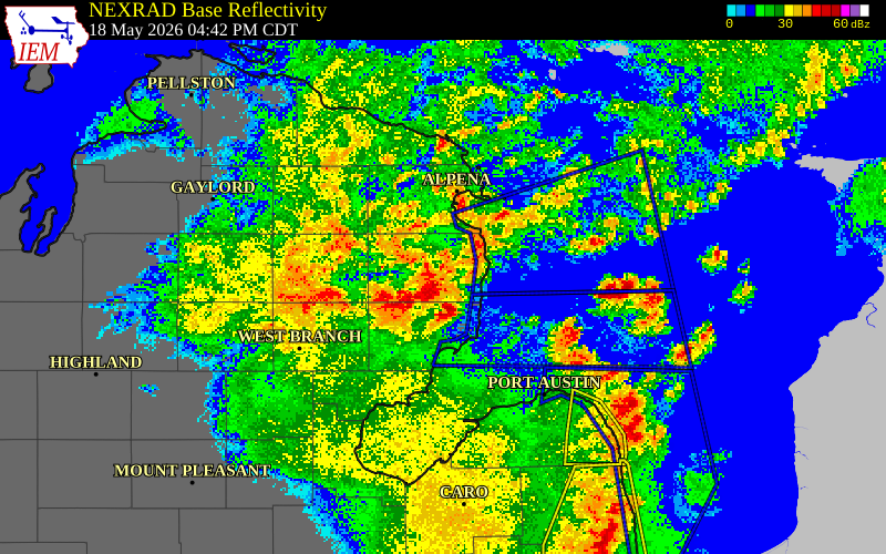 NEXRAD radar during the Monday, May 18, 2026 storm activity in Alcona County, Michigan