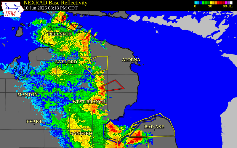 NEXRAD radar during the Wednesday, June 10, 2026 storm activity in Alcona County, Michigan