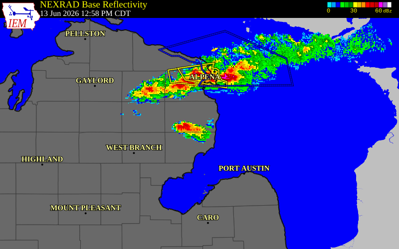 NEXRAD radar during the Saturday, June 13, 2026 storm activity in Alcona County, Michigan