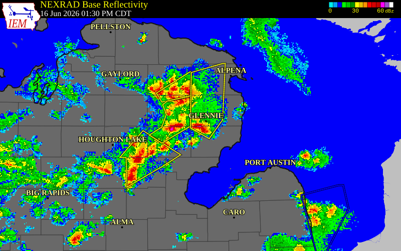 NEXRAD radar during the Tuesday, June 16, 2026 storm activity in Alcona County, Michigan