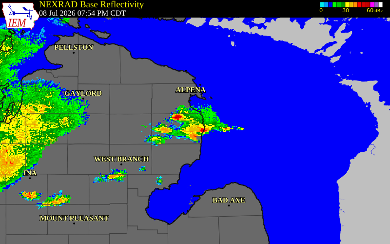 NEXRAD radar during the Wednesday, July 8, 2026 storm activity in Alcona County, Michigan