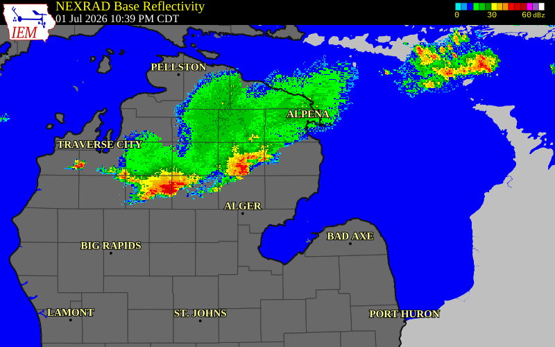 Radar snapshot during the Jul 1, 2026 wind event near Alcona County, Alcona County, Michigan, with NWS warning polygons