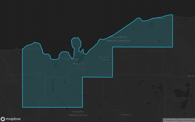 Map of Alger County, Michigan showing the county boundary and surrounding cities