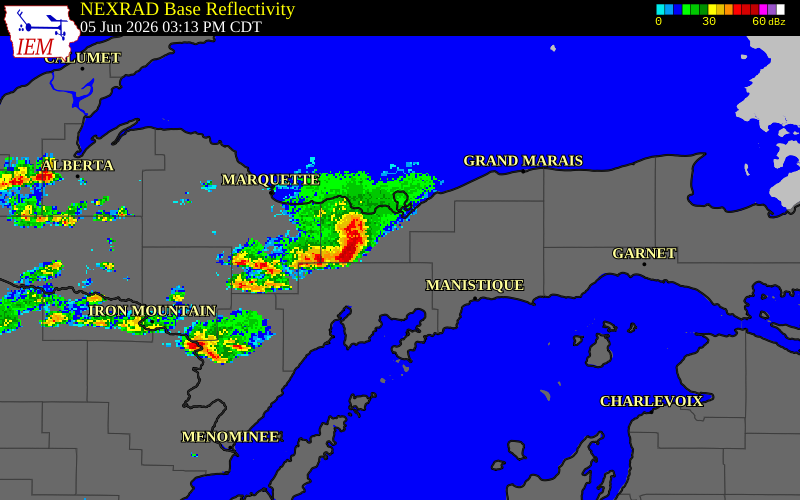 NEXRAD radar during the Friday, June 5, 2026 storm activity in Alger County, Michigan