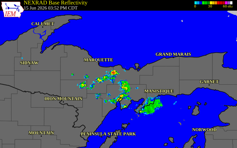 NEXRAD radar during the Monday, June 15, 2026 storm activity in Alger County, Michigan
